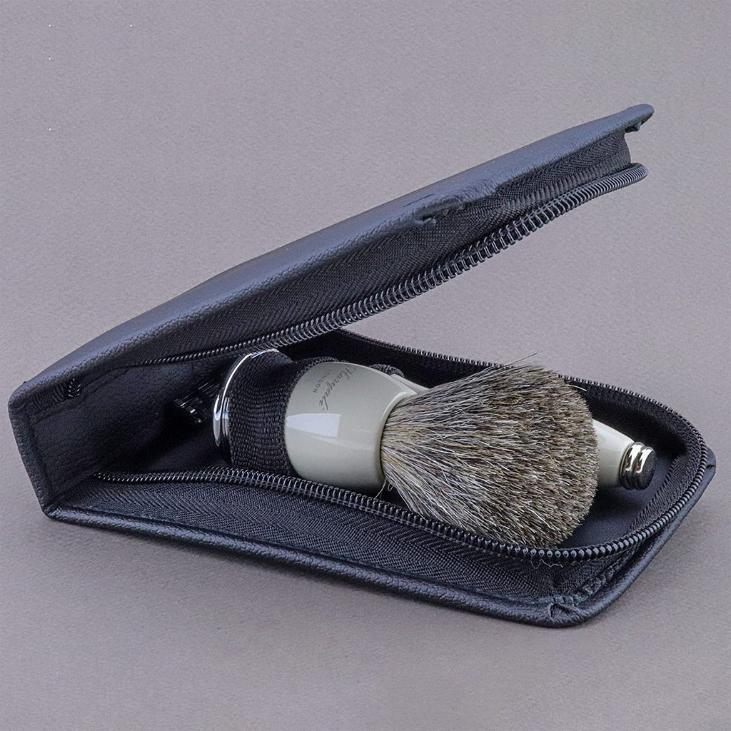 Haryali London 3Pcs Shaving Kit with 3 Edge Razor & Super Badger Brush with Leather Pouch - Shaving Gift Set - HARYALI LONDON
